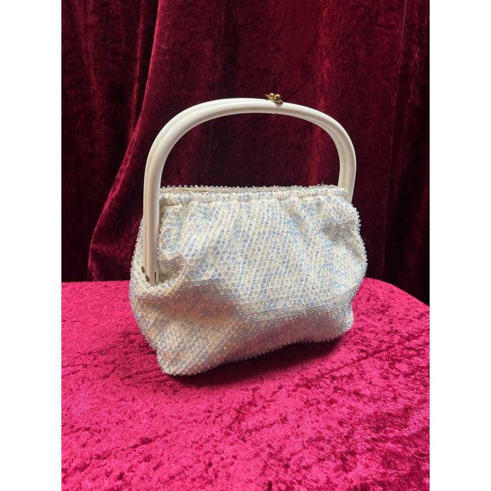 Vintage Blue and White Beaded Handbag – Lucite Frame Evening Purse - Corde